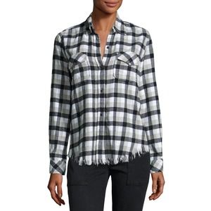 Current Elliott Perfect Plaid Frayed Hem Metallic Fringe Button Front Shirt Sz 0